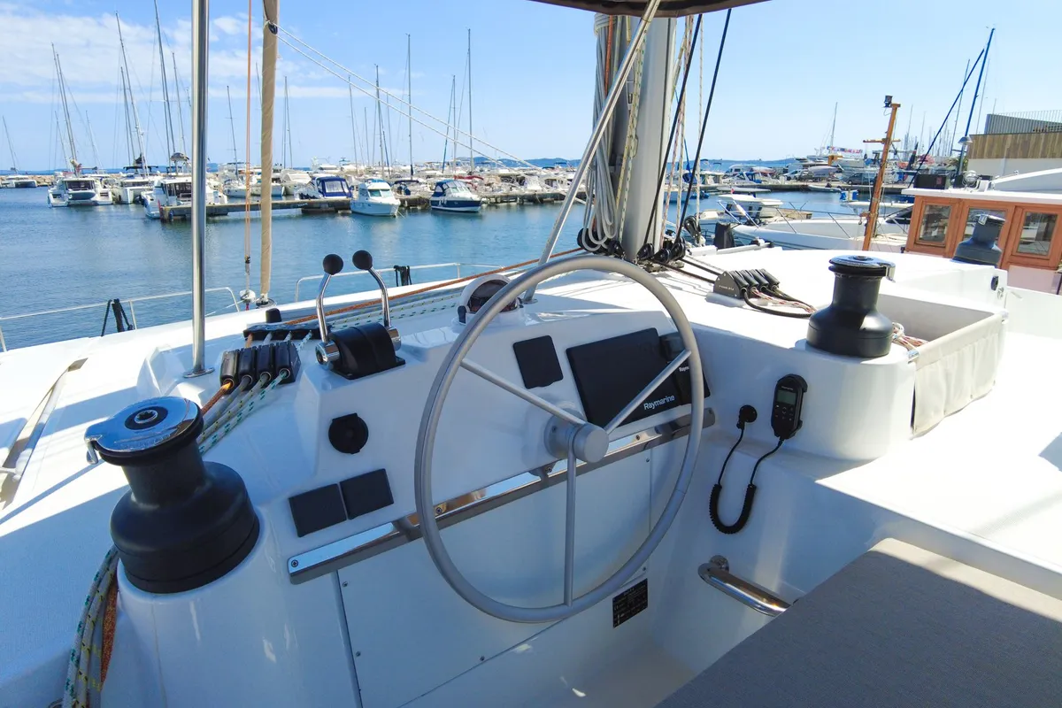 Cockpit of Seasight, a Bali 4.4 catamaran at Ajaccio, France