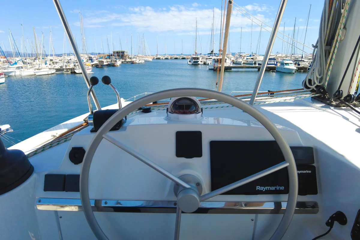Cockpit of Seasight, a Bali 4.4 catamaran at Ajaccio, France