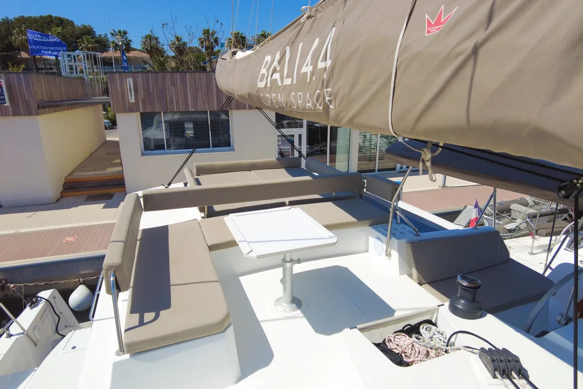 Deck of Seasight, a Bali 4.4 catamaran at Ajaccio, France
