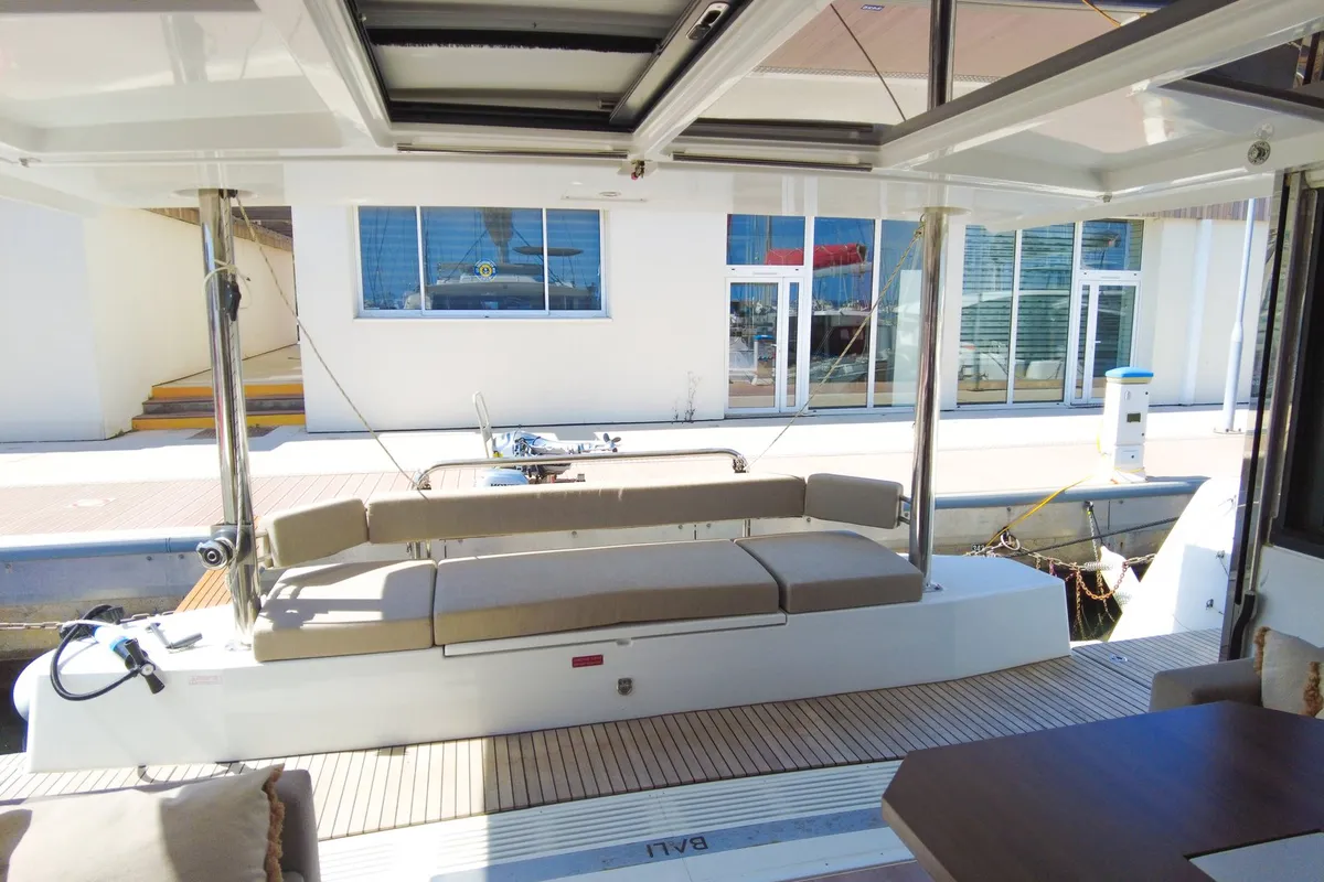 Deck of Seasight, a Bali 4.4 catamaran at Ajaccio, France