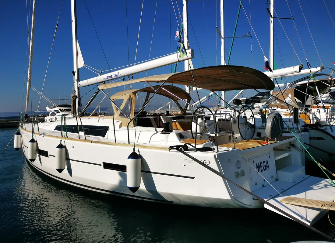 Exterior view of Aegean Blue, a Dufour 460 GL sailboat at Novi Vinodolski, Croatia