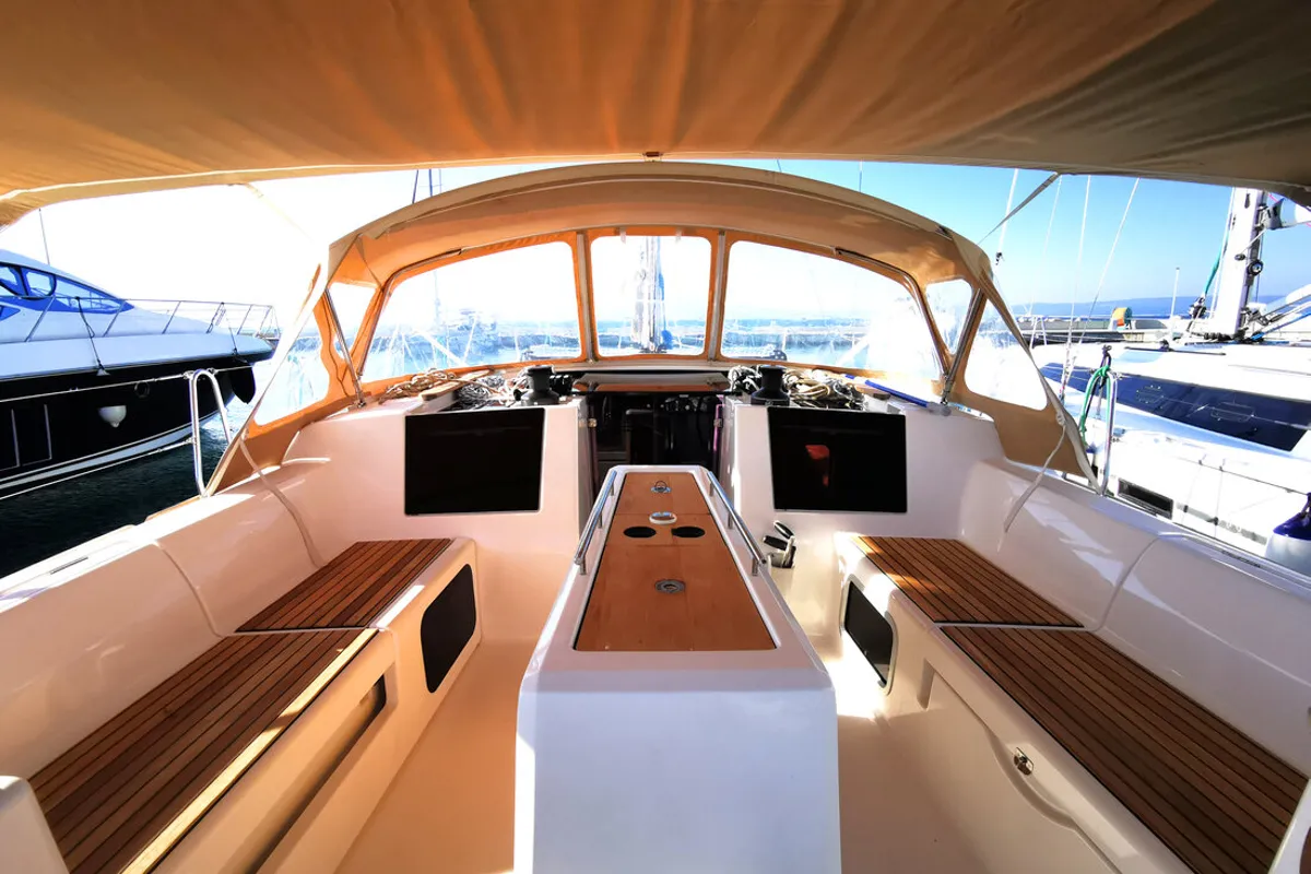 Cockpit of Aegean Blue, a Dufour 460 GL sailboat at Novi Vinodolski, Croatia
