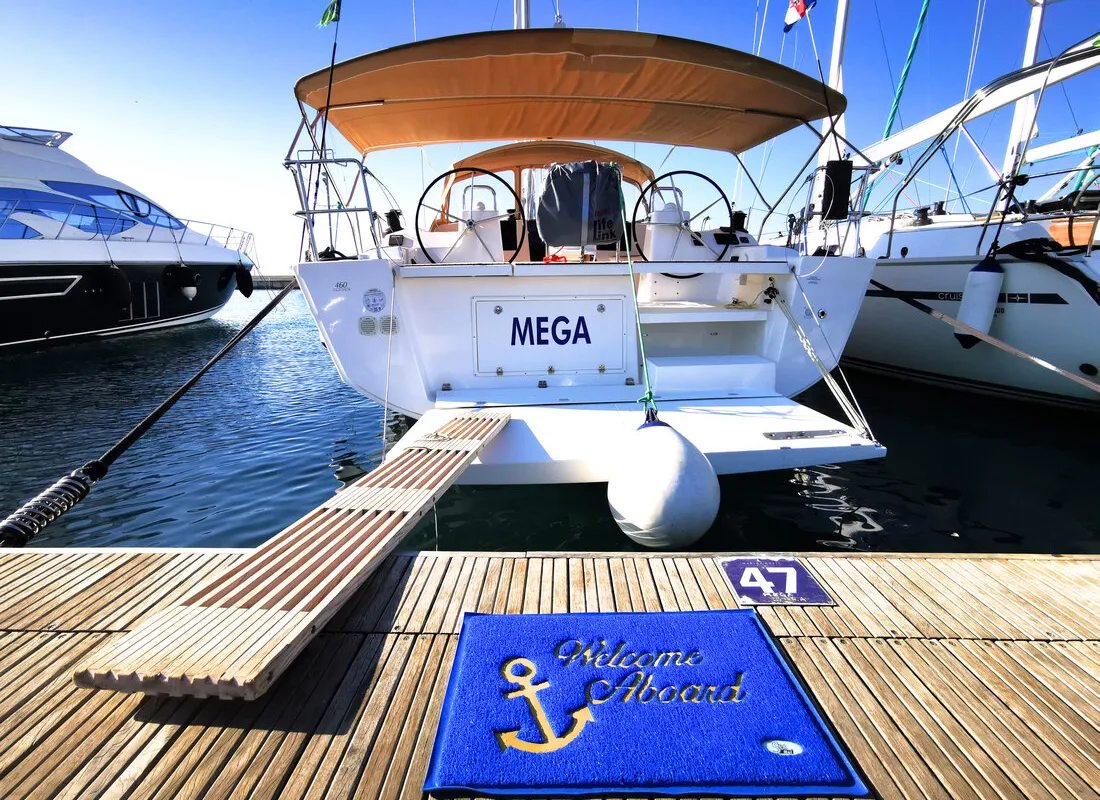 Exterior view of Aegean Blue, a Dufour 460 GL sailboat at Novi Vinodolski, Croatia