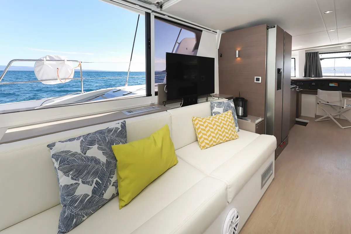 Salon of Vaya Con Dios, a Bali 4.8 catamaran at Grad Kaštela, Croatia