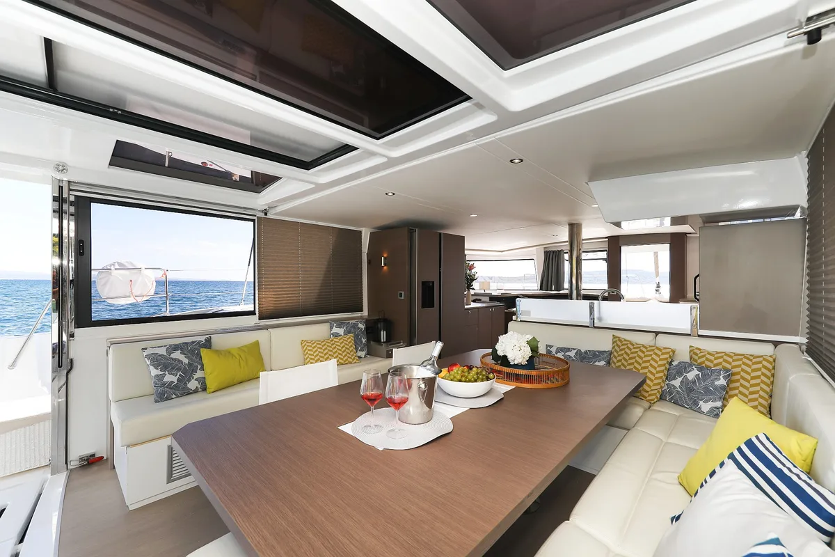 Salon of Vaya Con Dios, a Bali 4.8 catamaran at Grad Kaštela, Croatia