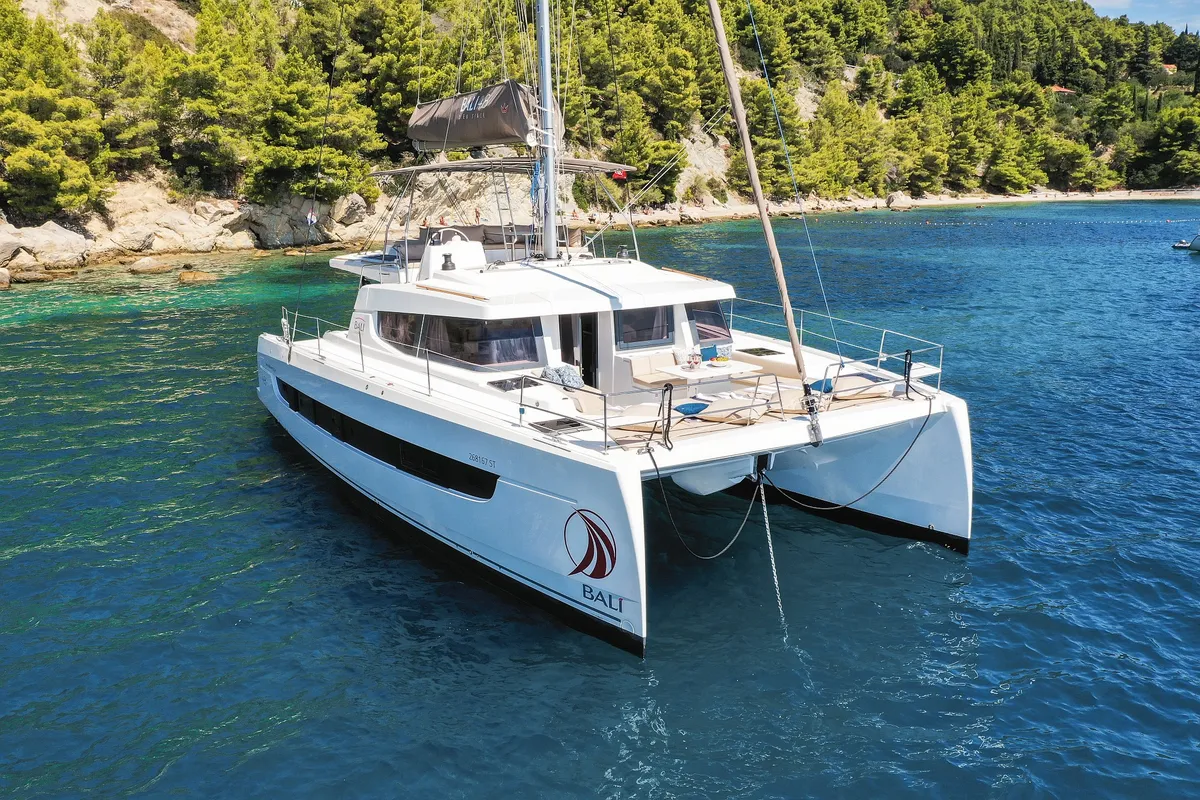 Exterior view of Vaya Con Dios, a Bali 4.8 catamaran at Grad Kaštela, Croatia