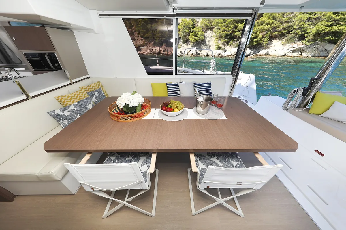 Deck of Vaya Con Dios, a Bali 4.8 catamaran at Grad Kaštela, Croatia