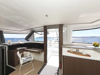 Cockpit of Vaya Con Dios, a Bali 4.8 catamaran at Grad Kaštela, Croatia