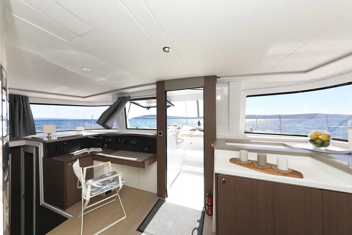 Cockpit of Vaya Con Dios, a Bali 4.8 catamaran at Grad Kaštela, Croatia