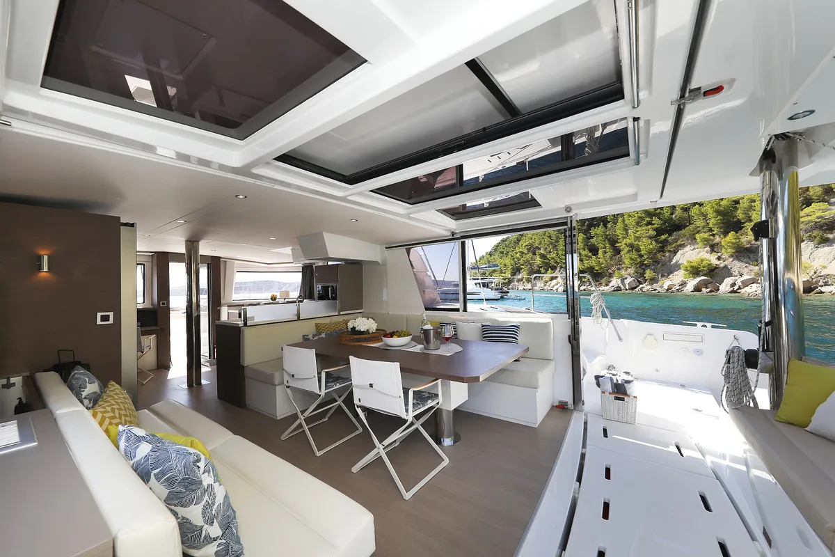 Salon of Vaya Con Dios, a Bali 4.8 catamaran at Grad Kaštela, Croatia