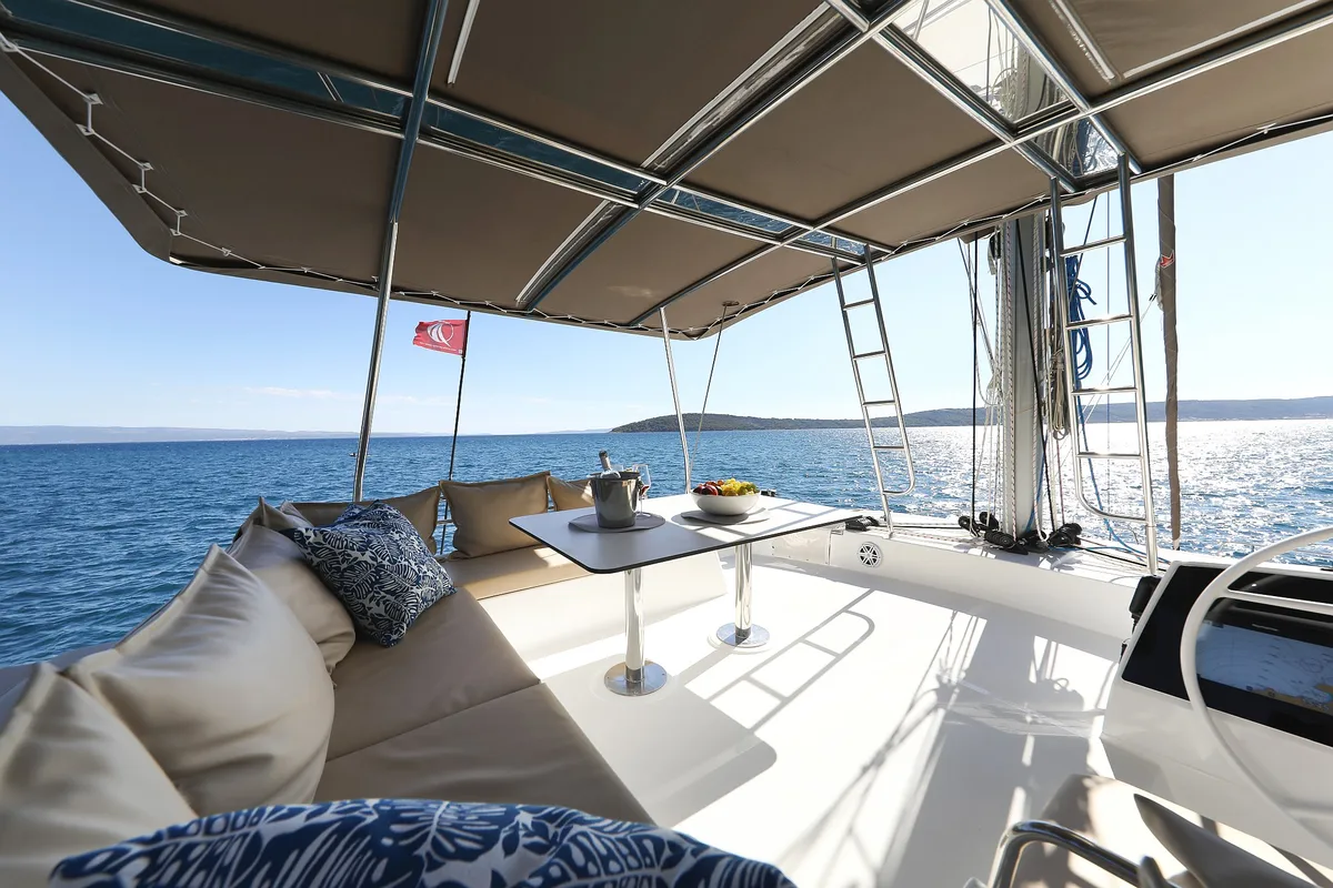 Deck of Vaya Con Dios, a Bali 4.8 catamaran at Grad Kaštela, Croatia