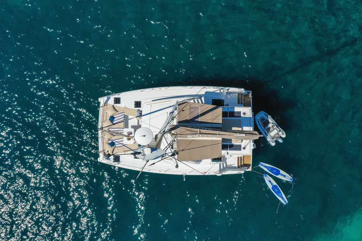 Exterior view of Vaya Con Dios, a Bali 4.8 catamaran at Grad Kaštela, Croatia