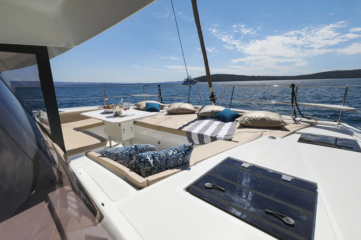 Deck of Vaya Con Dios, a Bali 4.8 catamaran at Grad Kaštela, Croatia