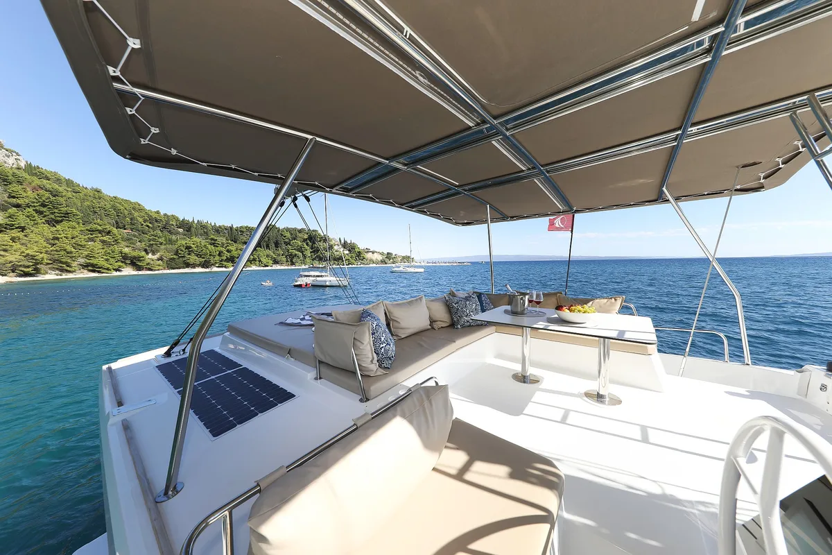 Deck of Vaya Con Dios, a Bali 4.8 catamaran at Grad Kaštela, Croatia
