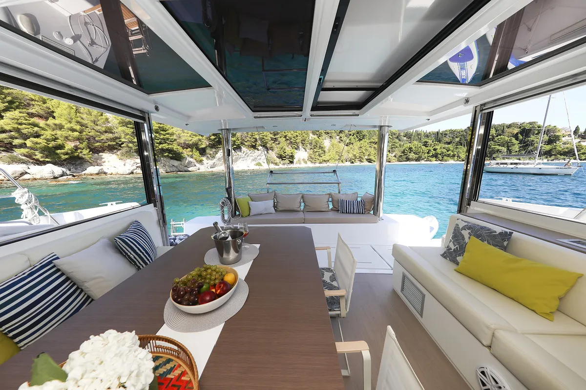 Salon of Vaya Con Dios, a Bali 4.8 catamaran at Grad Kaštela, Croatia