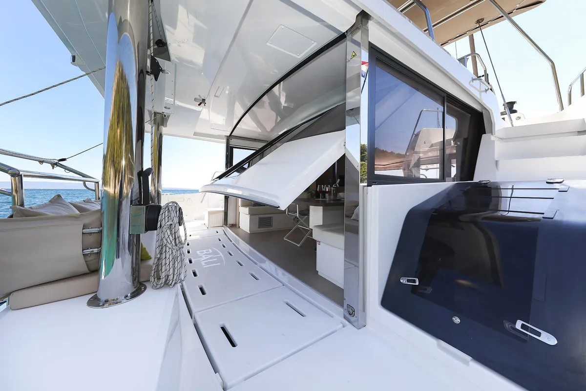 Salon of Vaya Con Dios, a Bali 4.8 catamaran at Grad Kaštela, Croatia