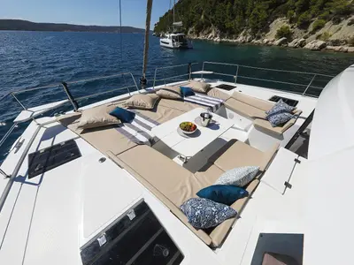 Deck of Vaya Con Dios, a Bali 4.8 catamaran at Grad Kaštela, Croatia