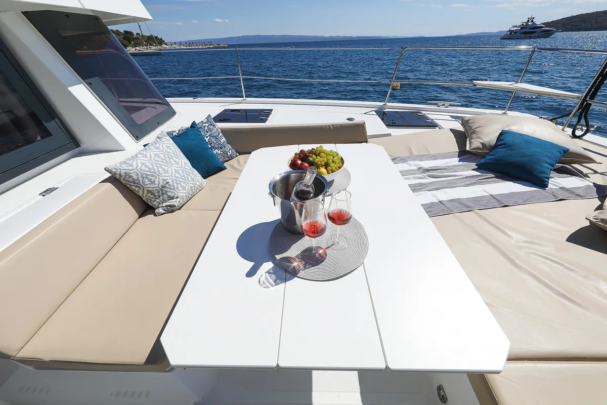 Deck of Vaya Con Dios, a Bali 4.8 catamaran at Grad Kaštela, Croatia
