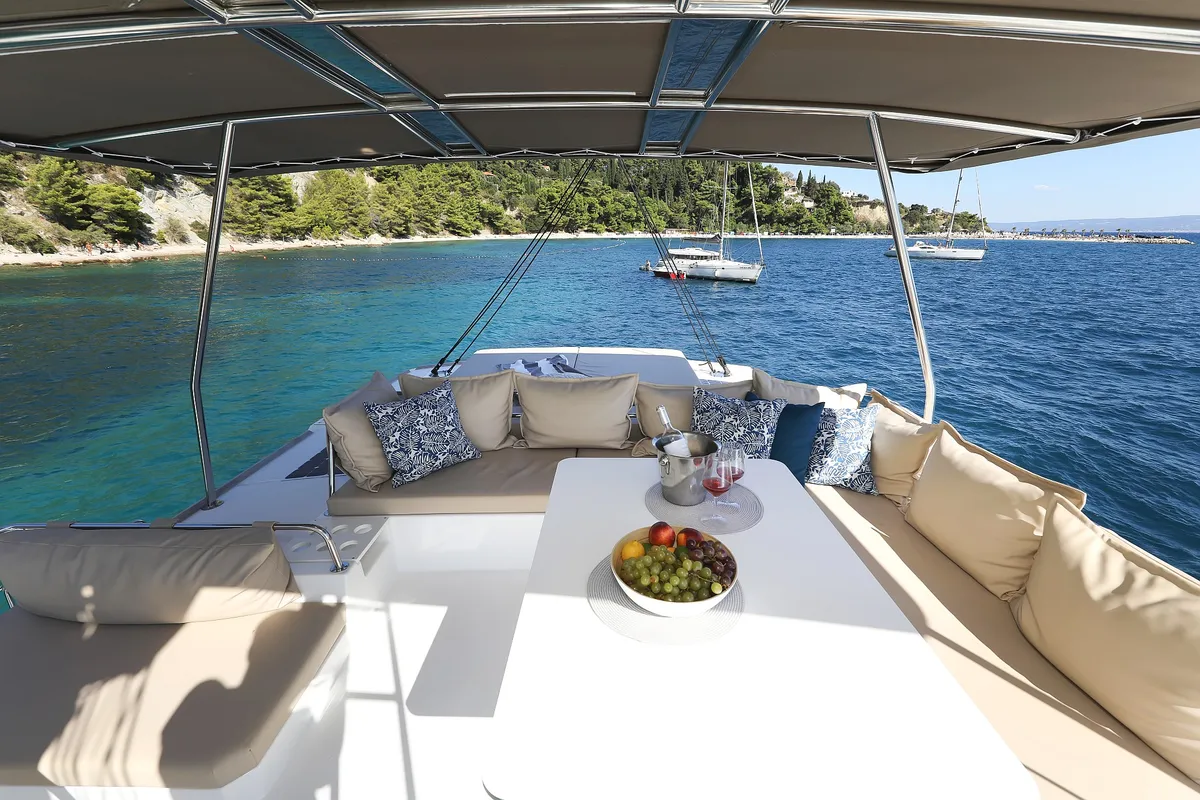 Deck of Vaya Con Dios, a Bali 4.8 catamaran at Grad Kaštela, Croatia