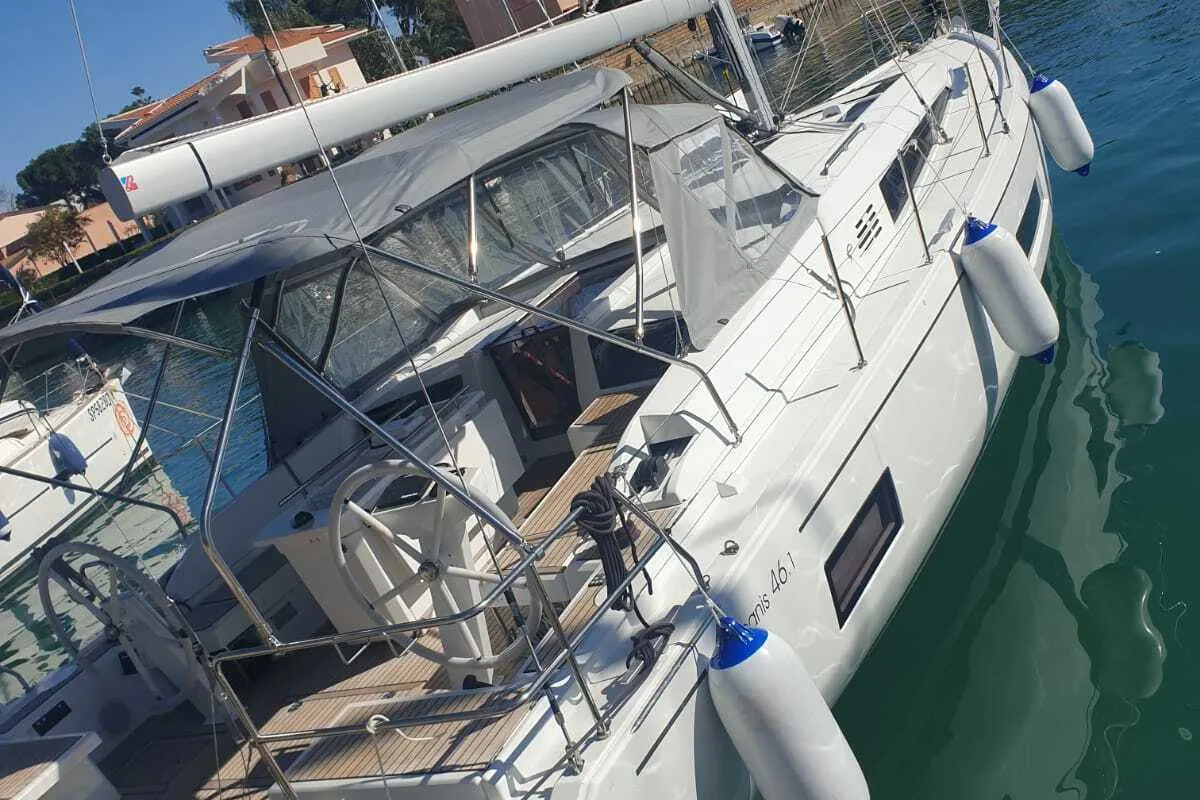 Cockpit of Irene, a Beneteau Oceanis 46.1 sailboat at Cannigione, Italy