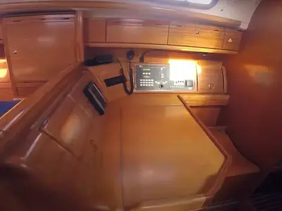 Cockpit of Orestis, a Bavaria 39 Cruiser sailboat at Municipal Unit of Lefkada, Greece