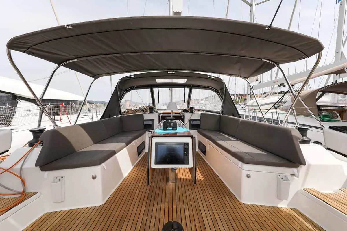Deck of Bellatrix, a Dufour 470 sailboat at Kaštela, Croatia