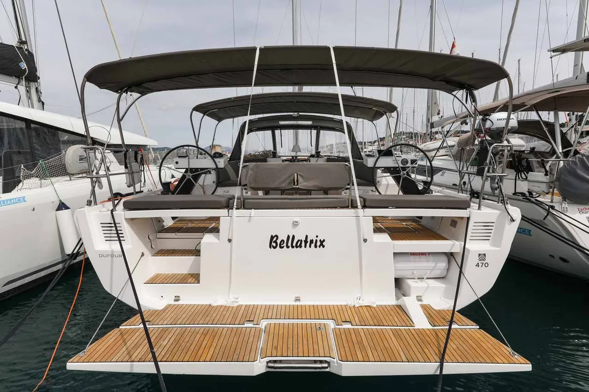 Exterior view of Bellatrix, a Dufour 470 sailboat at Kaštela, Croatia