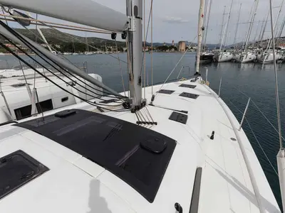 Deck of Bellatrix, a Dufour 470 sailboat at Kaštela, Croatia
