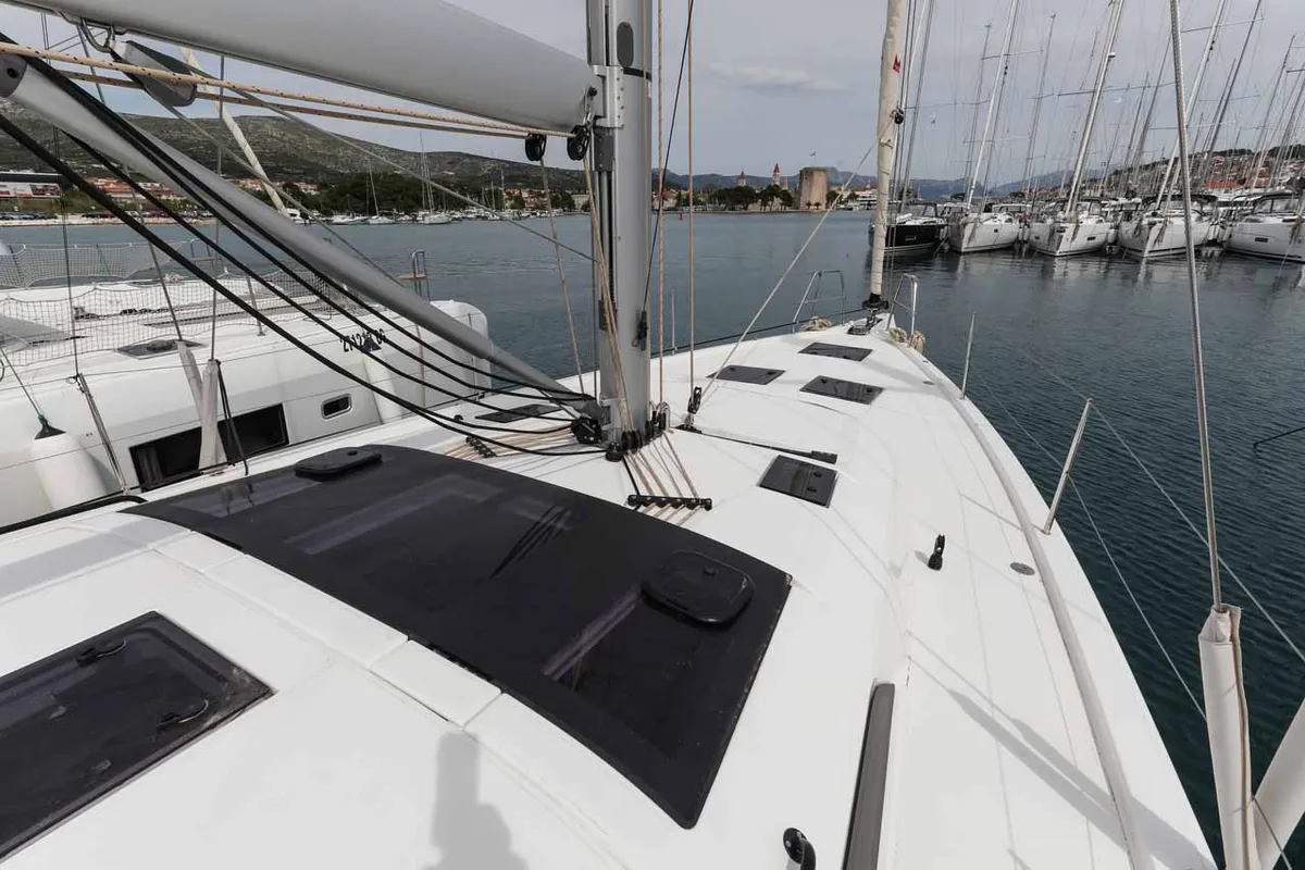 Deck of Bellatrix, a Dufour 470 sailboat at Kaštela, Croatia