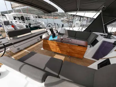 Cockpit of Bellatrix, a Dufour 470 sailboat at Kaštela, Croatia