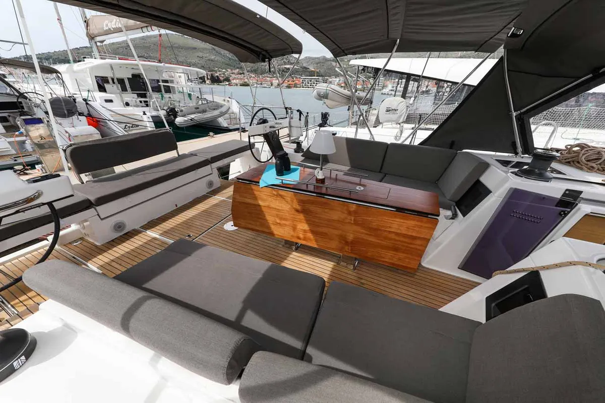 Cockpit of Bellatrix, a Dufour 470 sailboat at Kaštela, Croatia