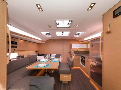 Salon of Bellatrix, a Dufour 470 sailboat at Kaštela, Croatia