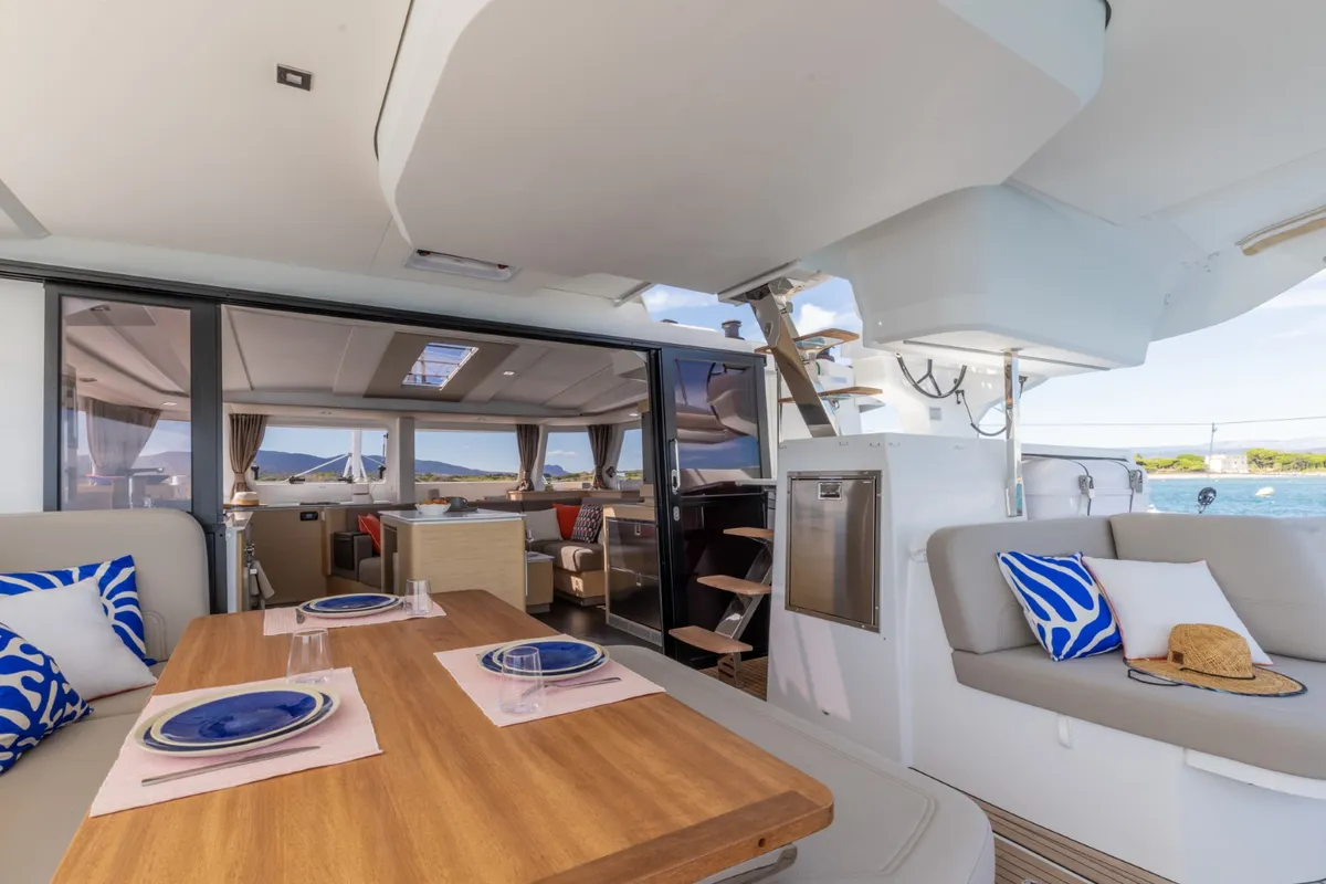Deck of SKYWALKER, a Fountaine Pajot FP 44 catamaran at Seget Donji, Croatia