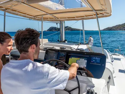 Cockpit of SKYWALKER, a Fountaine Pajot FP 44 catamaran at Seget Donji, Croatia