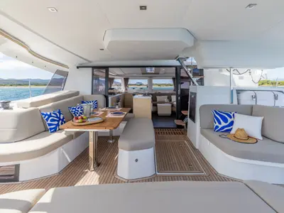Deck of SKYWALKER, a Fountaine Pajot FP 44 catamaran at Seget Donji, Croatia