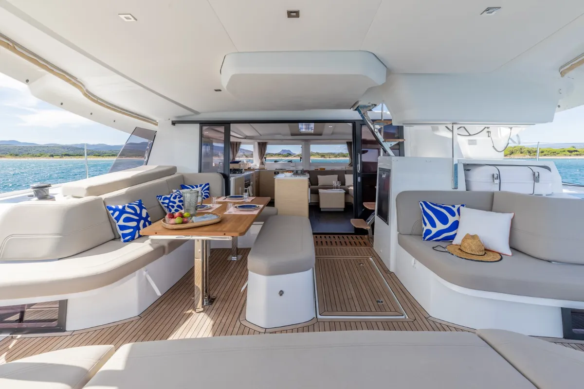 Deck of SKYWALKER, a Fountaine Pajot FP 44 catamaran at Seget Donji, Croatia