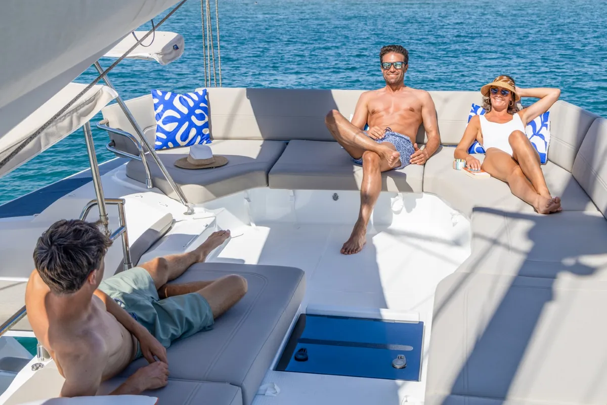Deck of SKYWALKER, a Fountaine Pajot FP 44 catamaran at Seget Donji, Croatia