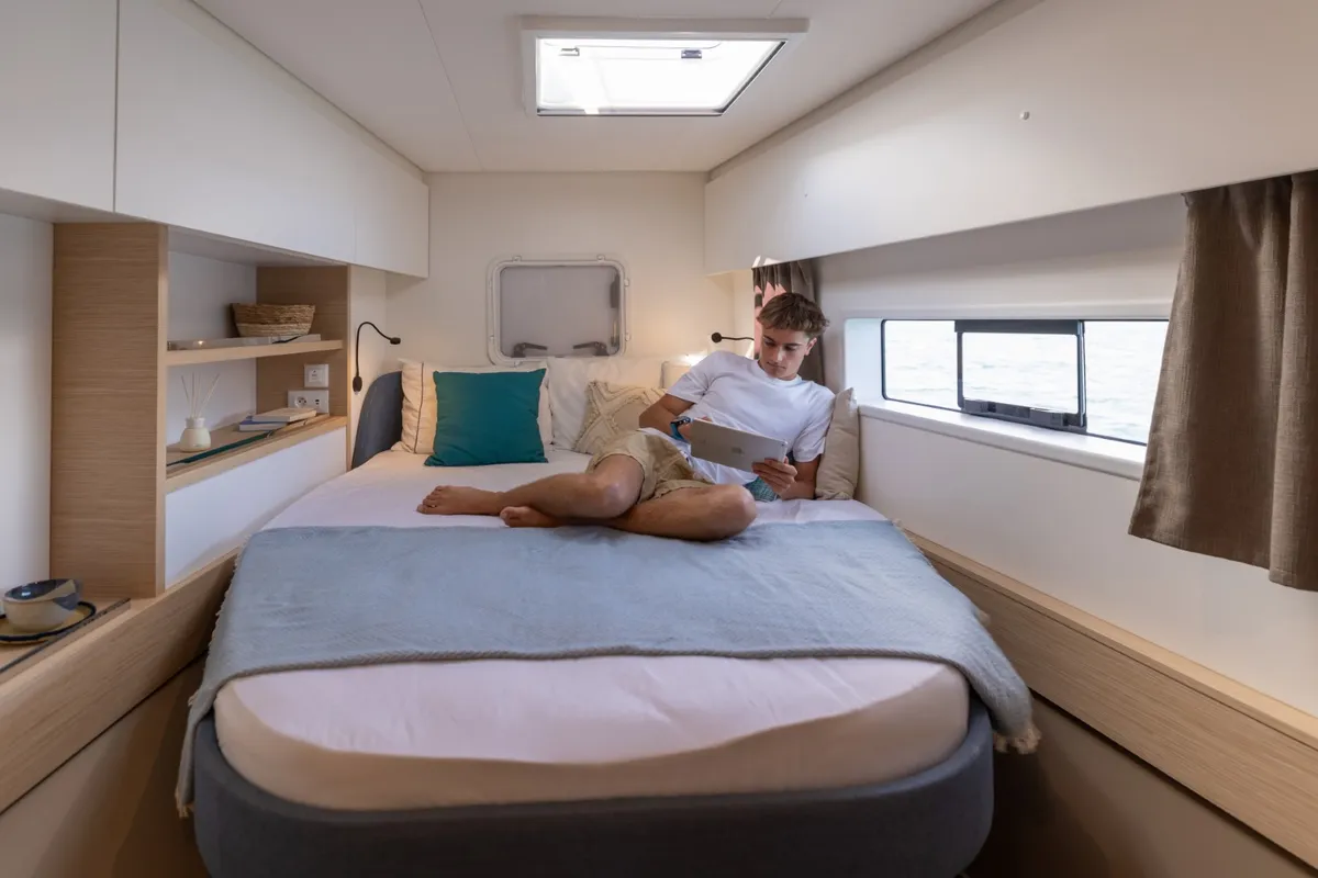 Cabin on SKYWALKER, a Fountaine Pajot FP 44 catamaran at Seget Donji, Croatia
