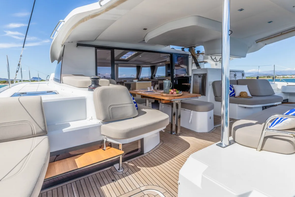 Deck of SKYWALKER, a Fountaine Pajot FP 44 catamaran at Seget Donji, Croatia