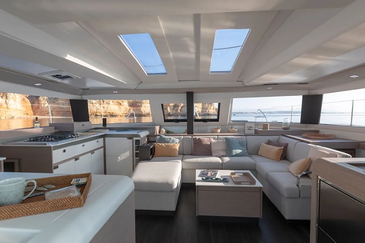 Salon of Debriefed, a Fountaine Pajot Elba 45 catamaran at Road Town, British Virgin Islands