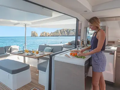 Galley of Debriefed, a Fountaine Pajot Elba 45 catamaran at Road Town, British Virgin Islands