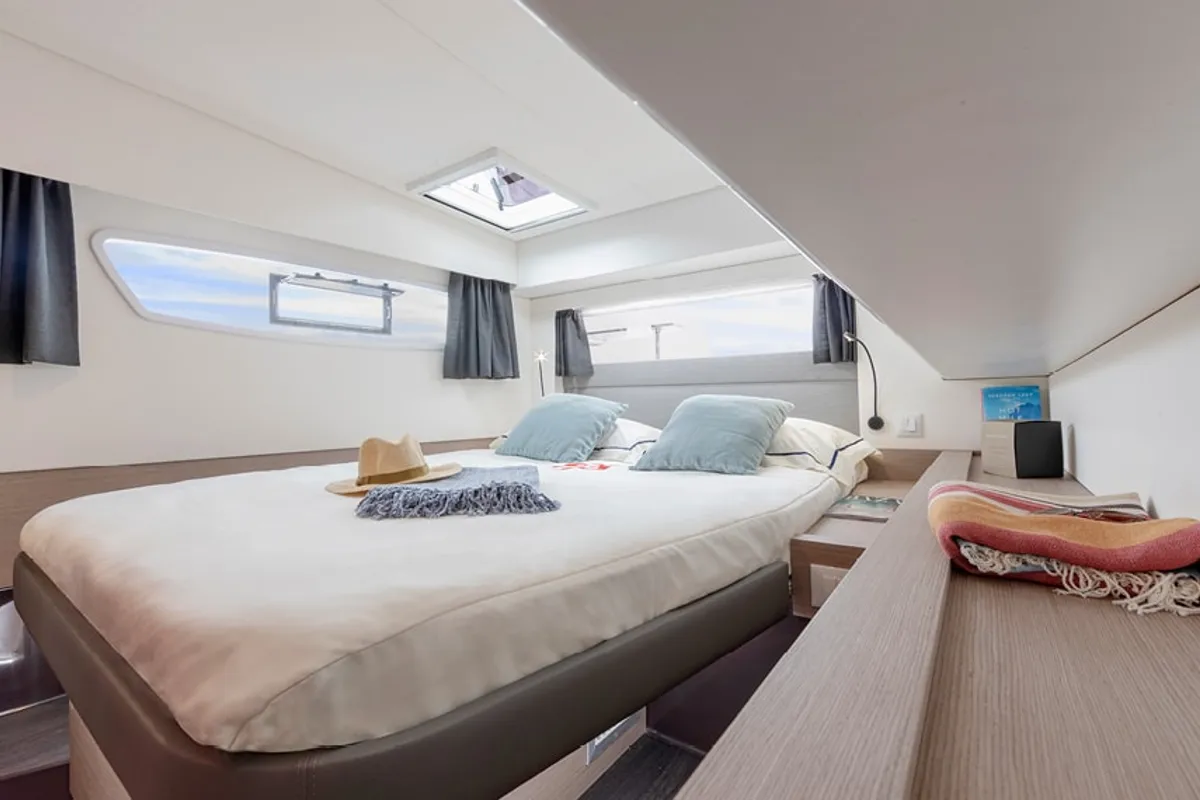 Cabin on Debriefed, a Fountaine Pajot Elba 45 catamaran at Road Town, British Virgin Islands