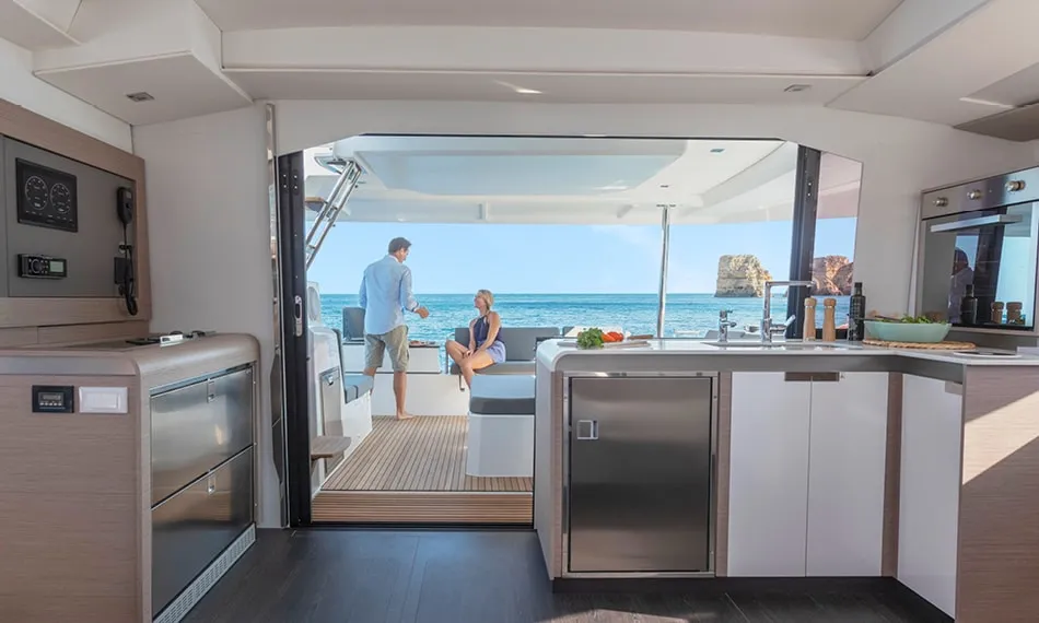 Galley of Debriefed, a Fountaine Pajot Elba 45 catamaran at Road Town, British Virgin Islands