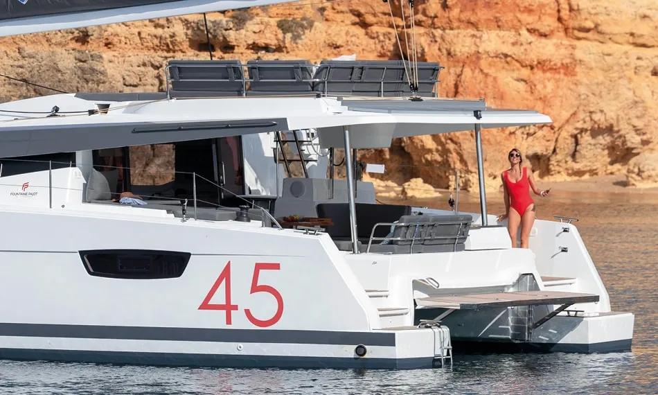 Exterior view of Debriefed, a Fountaine Pajot Elba 45 catamaran at Road Town, British Virgin Islands