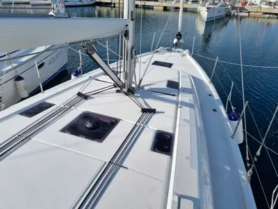 Deck of Hadar, a Beneteau Oceanis 40.1 sailboat at Olbia, Italy