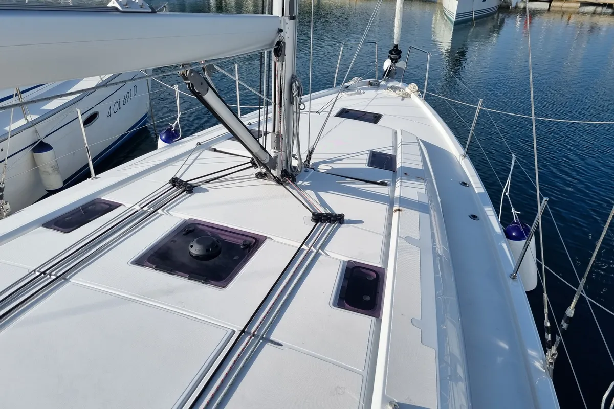 Deck of Hadar, a Beneteau Oceanis 40.1 sailboat at Olbia, Italy