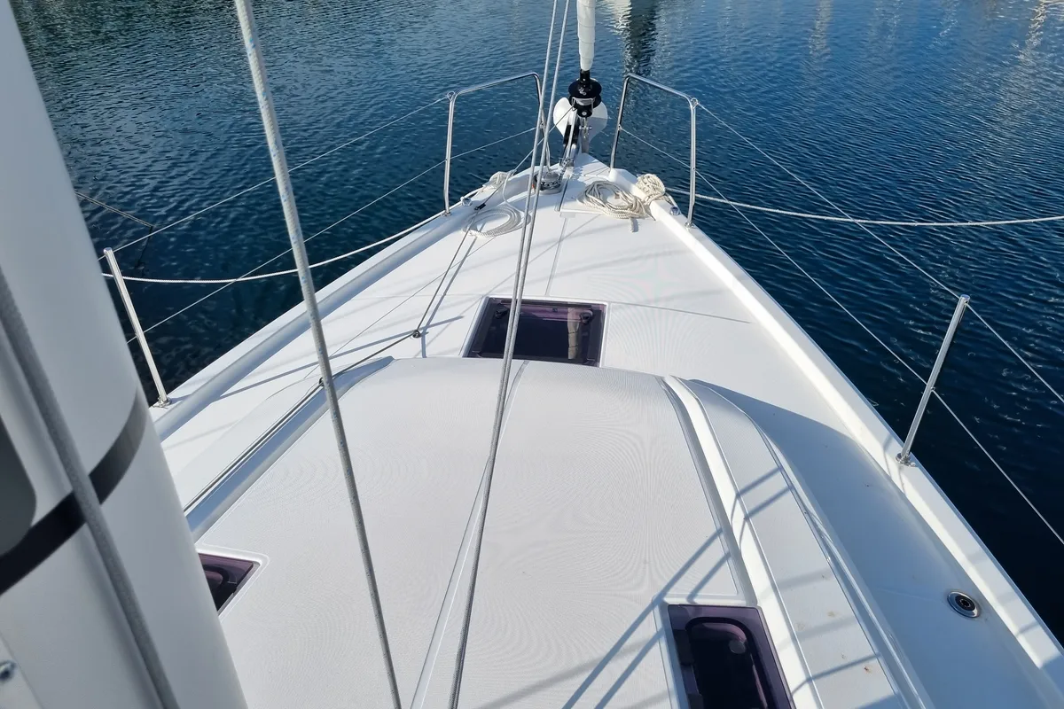 Deck of Hadar, a Beneteau Oceanis 40.1 sailboat at Olbia, Italy