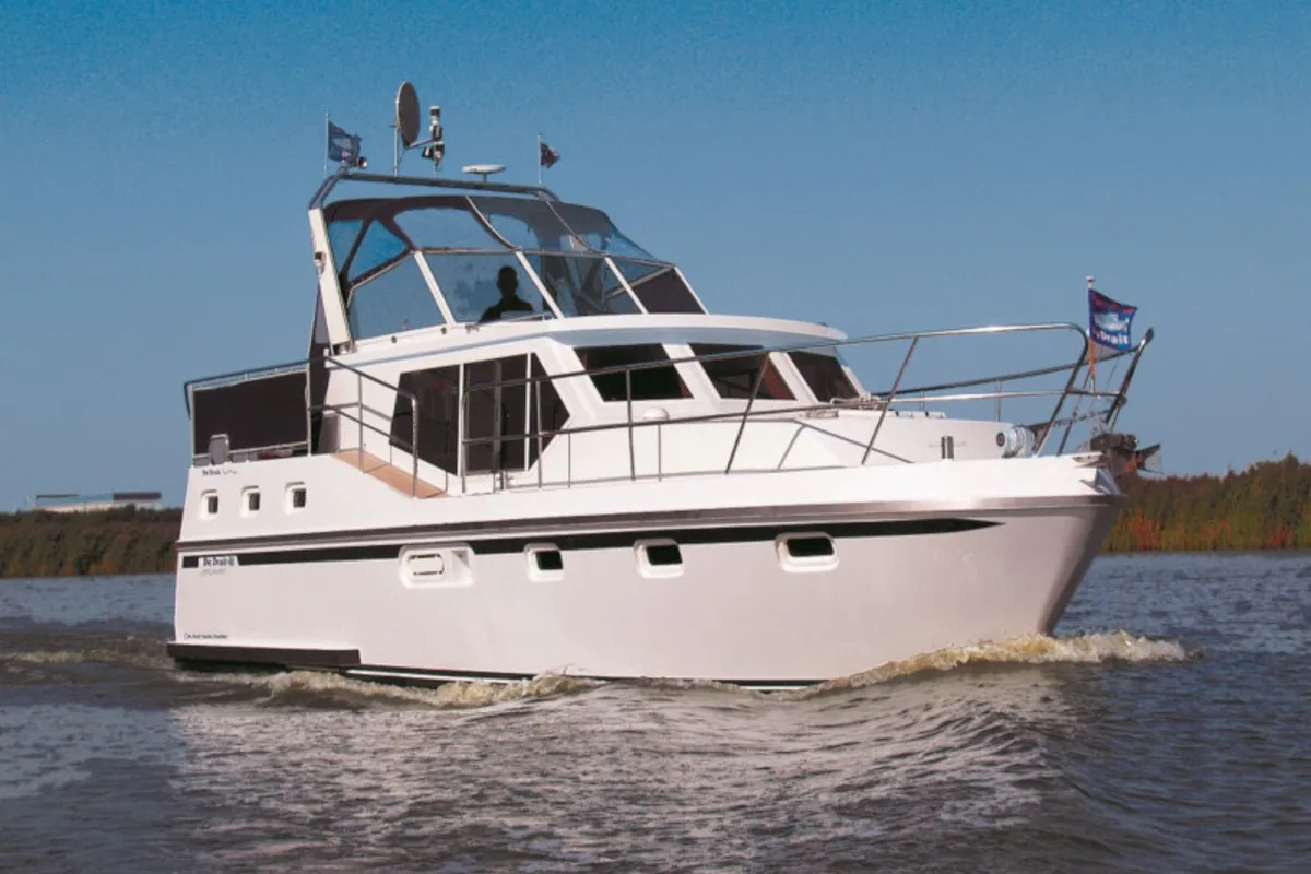 Exterior view of De Drait Renal 40, a motorboat at Drachten, Netherlands