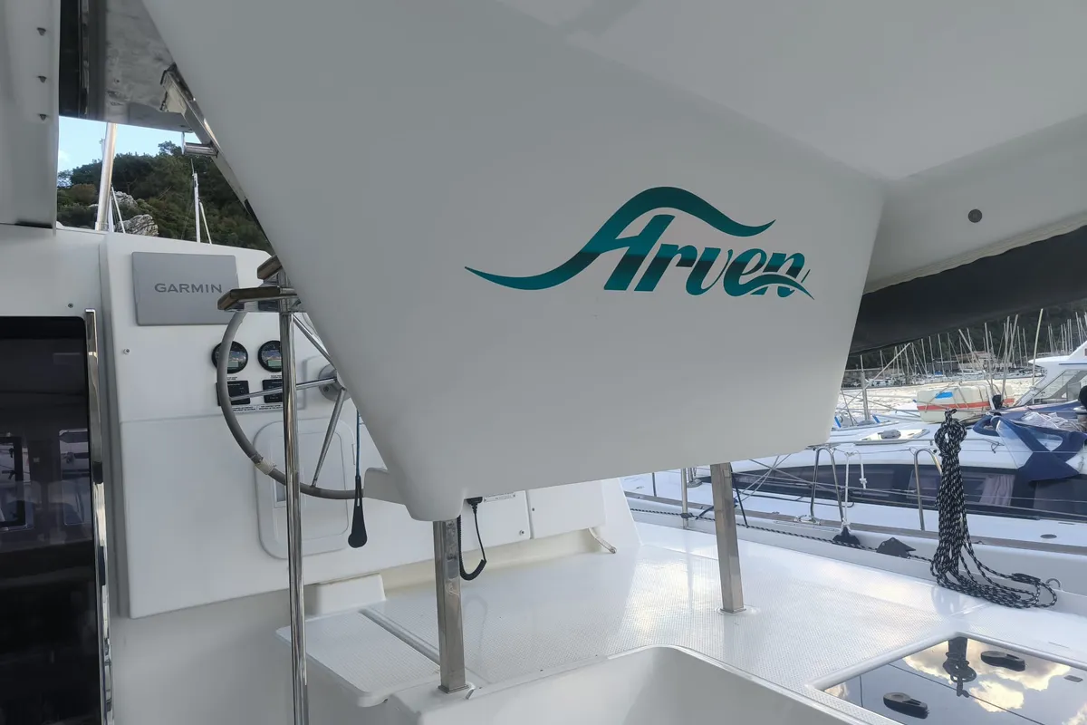 Deck of Arven, a Fountaine Pajot Isla 40 catamaran at Fethiye, Turkey