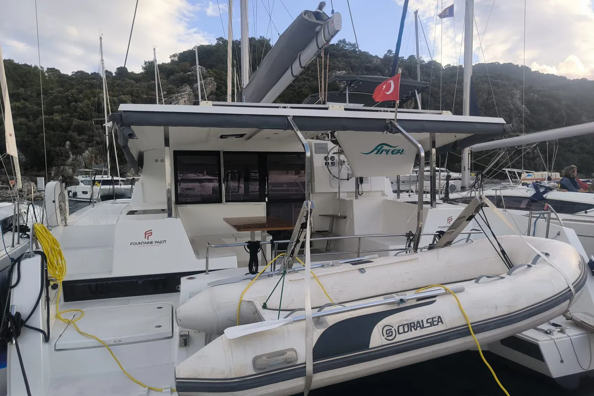 Exterior view of Arven, a Fountaine Pajot Isla 40 catamaran at Fethiye, Turkey